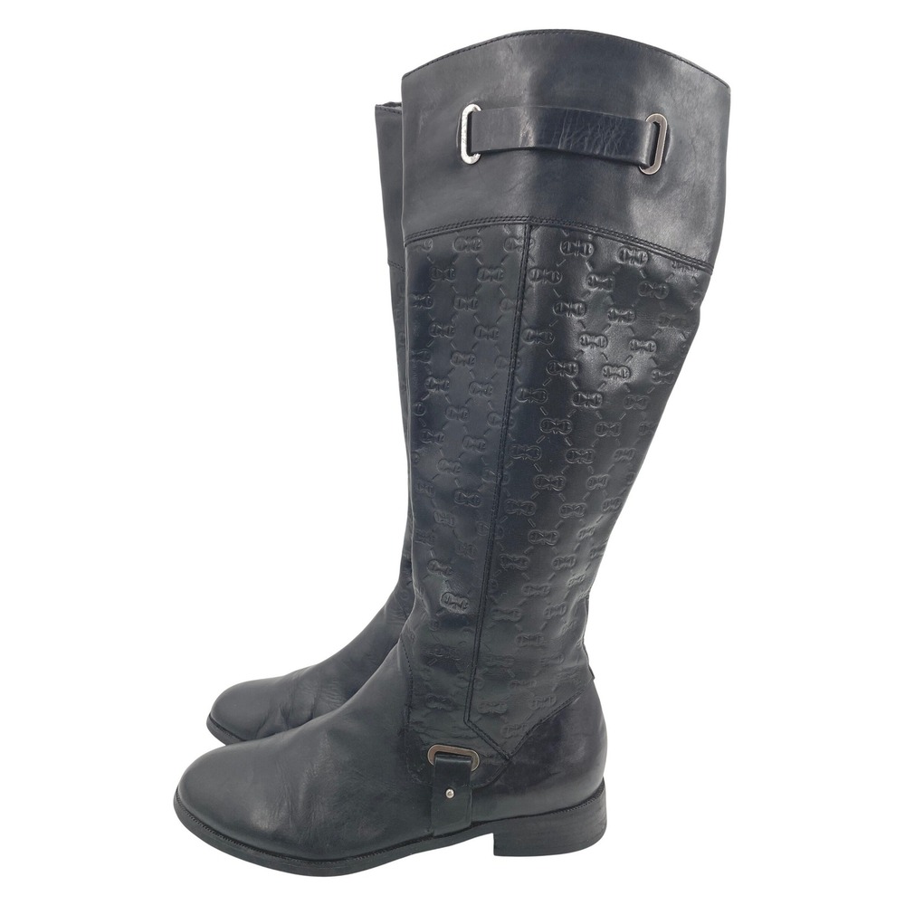 Etienne Aigner Gilbert Boots Womens 8M Black Leather Logo Riding Tall Equestrian